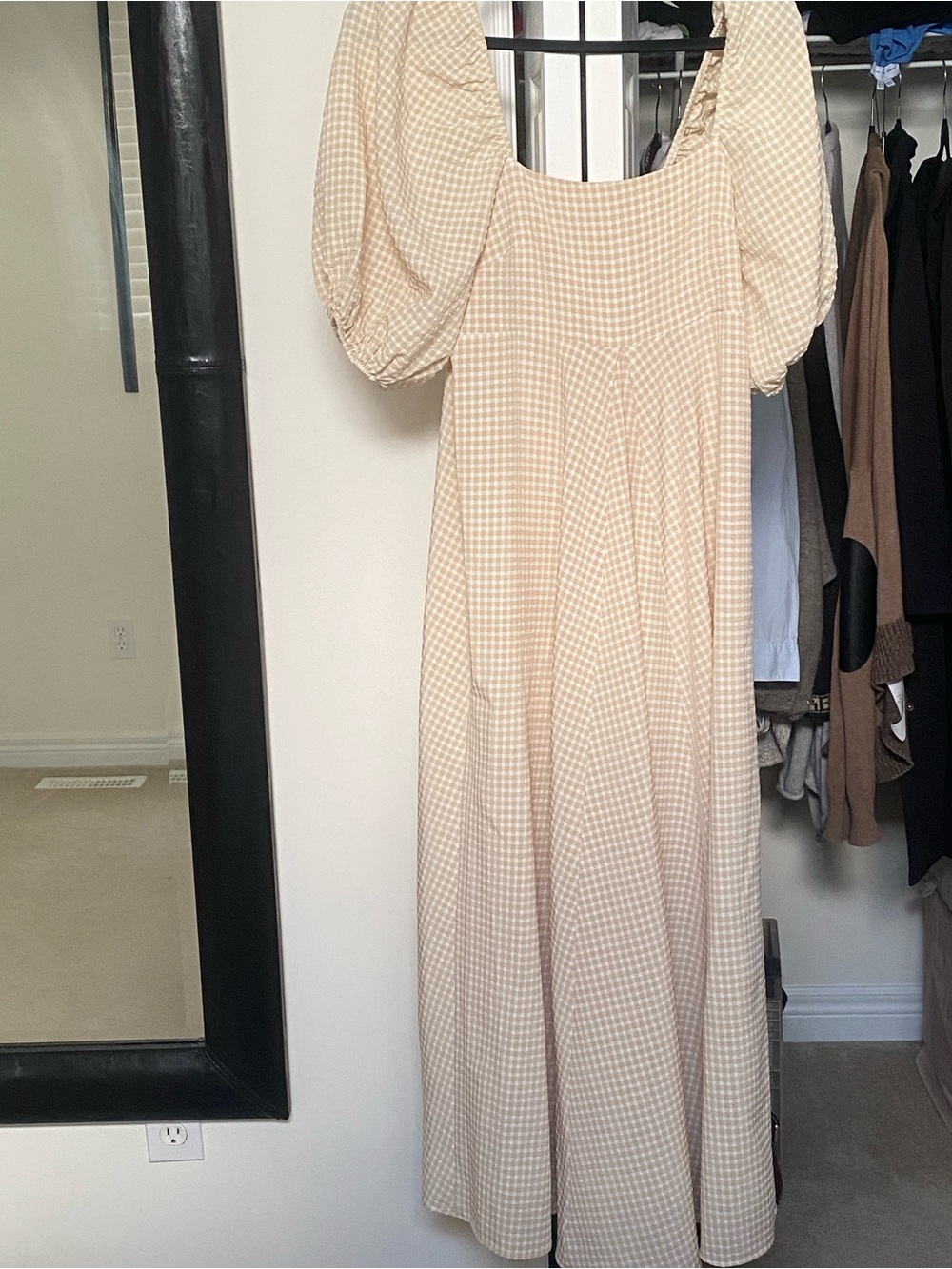ASOS Cream Gingham Puff-Sleeve Maxi Dress